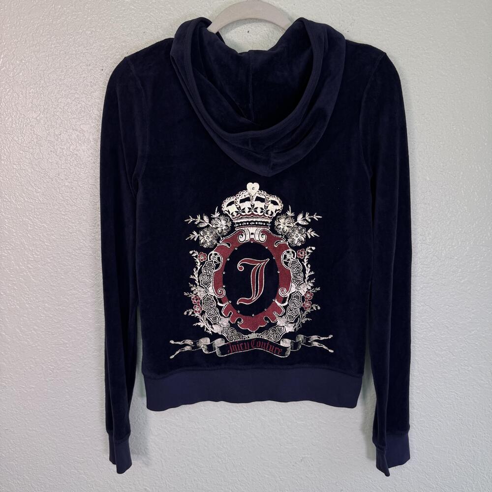 Juicy Couture Y2K Jacket Womens Large Velour Hoodie Zip Rhinestone Crest Blue